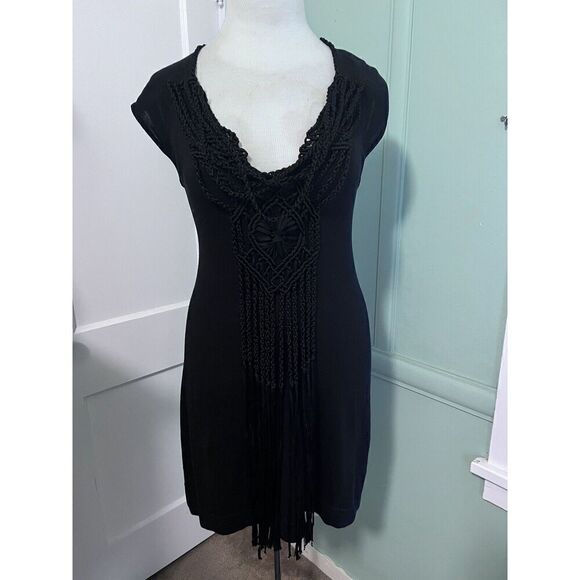 Nanette Lepore Womens Medium Black Silk Linen Sheath Boho Dress Macrame Trim - Picture 1 of 8